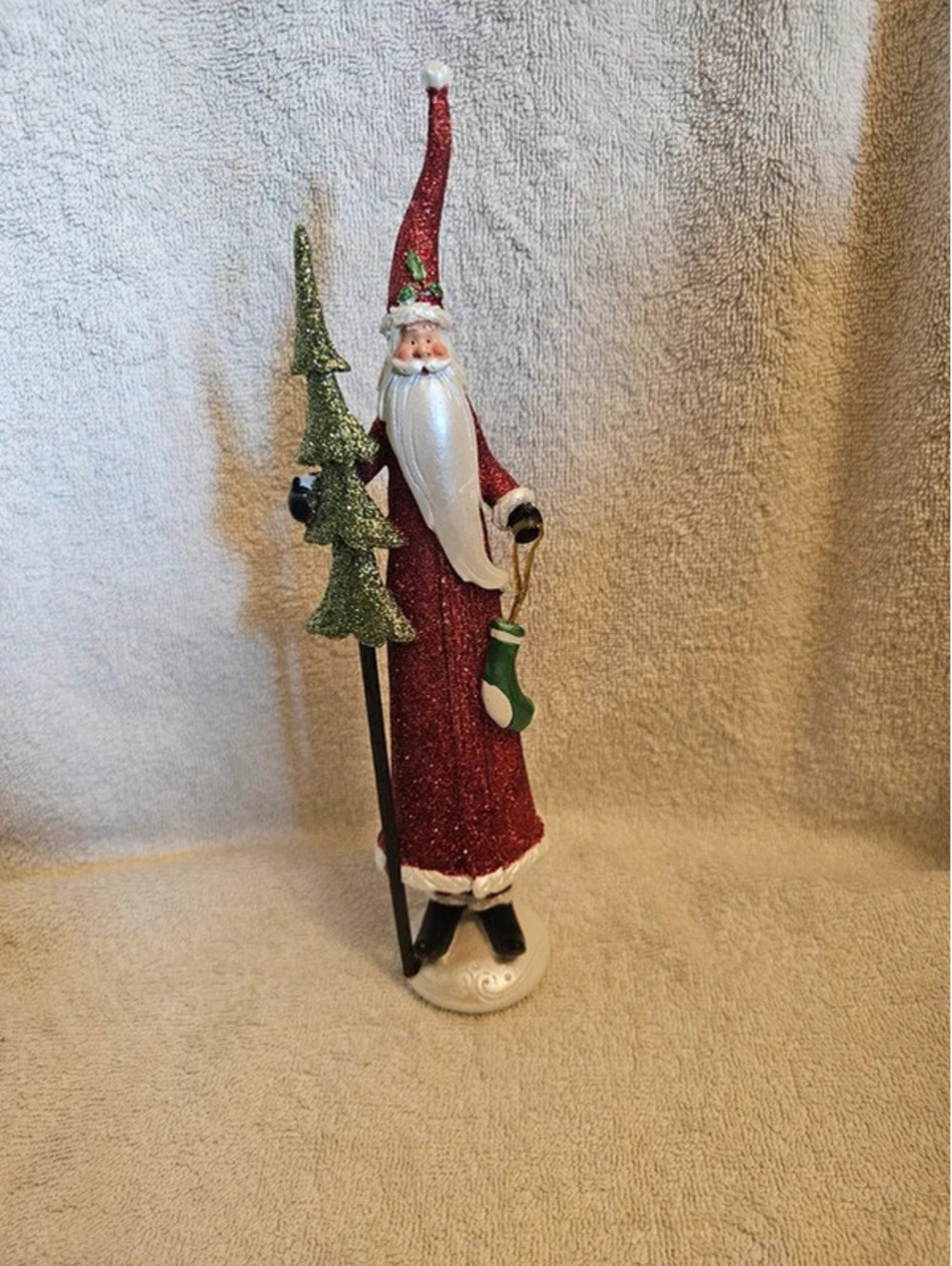 Vintage Pencil Santa Claus Figurine 9.5" Red Glitter Tree Stocking Resin